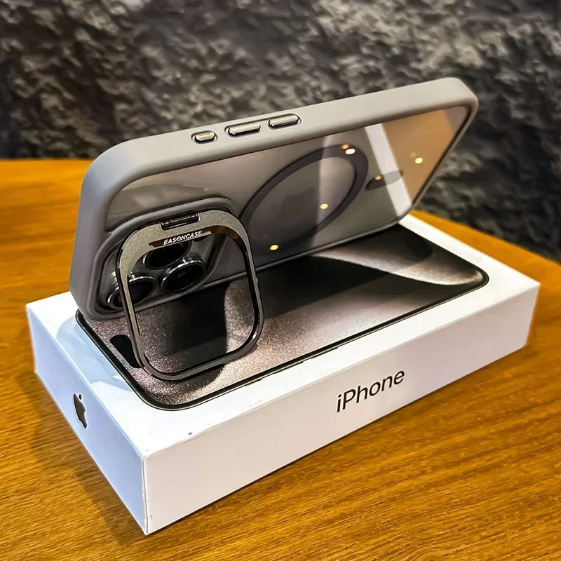 A gray magnetic shockproof phone case for an iPhone is displayed on a white box.