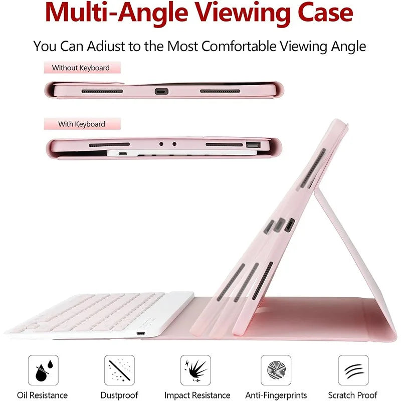 Multi-Angle Viewing Case for iPad Pro showing different viewing angles and features like oil resistance and scratch proofing
