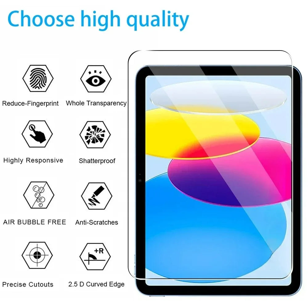 A clear tempered glass screen protector for an iPad, highlighting features like fingerprint resistance and precise cutouts.