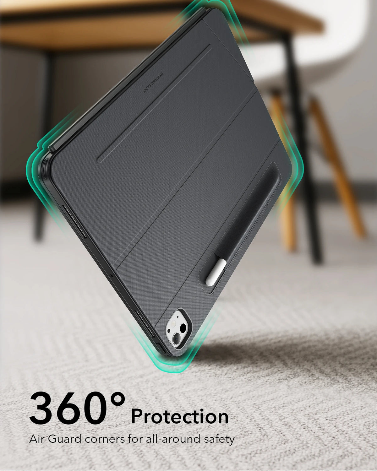 Cubierta magnética desmontable gris oscuro para iPad, mostrando protección de esquina de 360 grados.