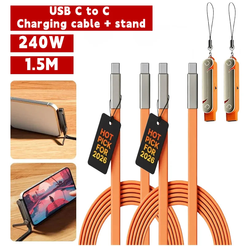 Orange USB C to C charging cable and stand with multiple charging cables for mobile devices