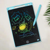 A portable LCD drawing tablet with a light blue frame and a black screen showing colorful drawings of space themes.