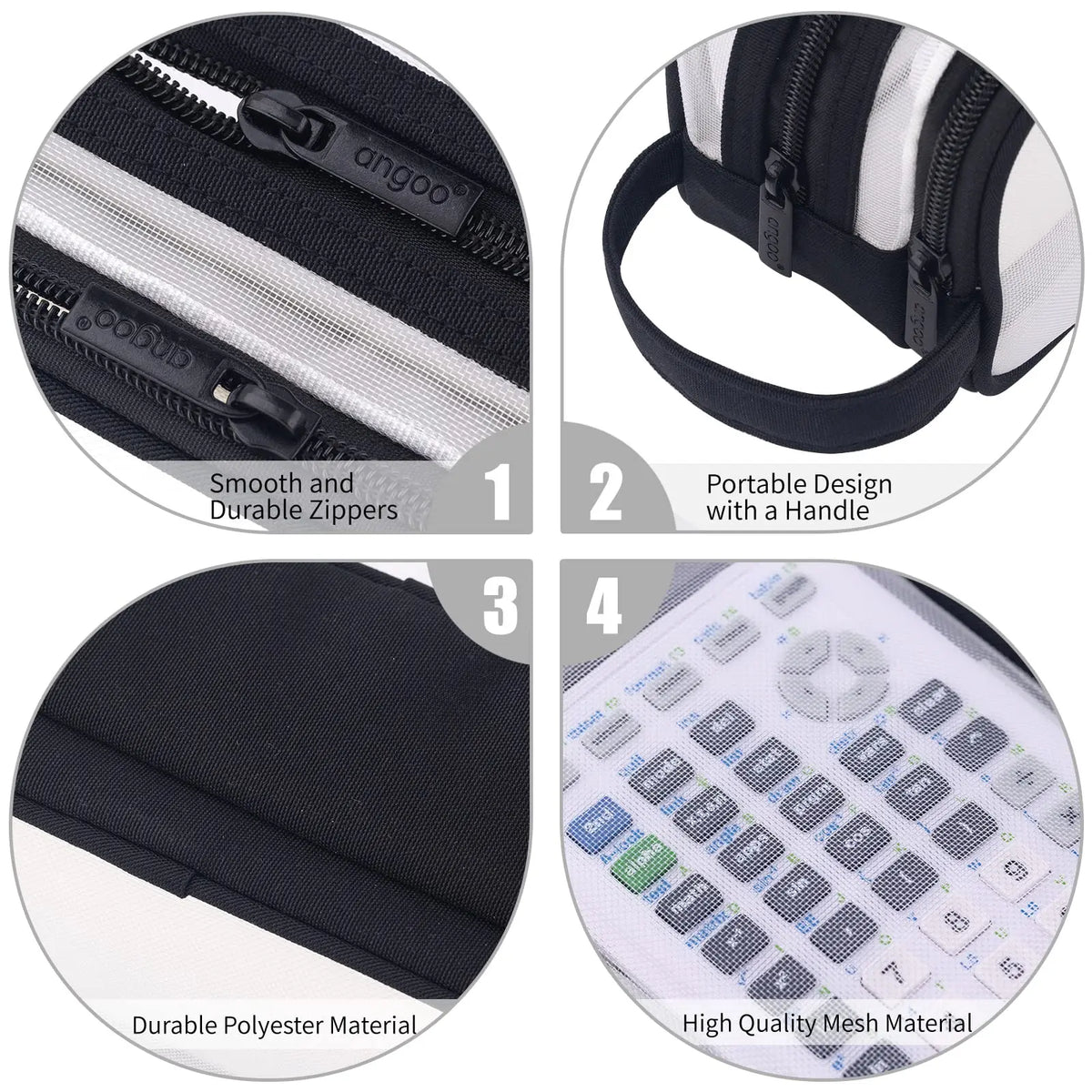 A set of black and white mesh pencil pouches showing various features like zippers, portable design, durable polyester materi