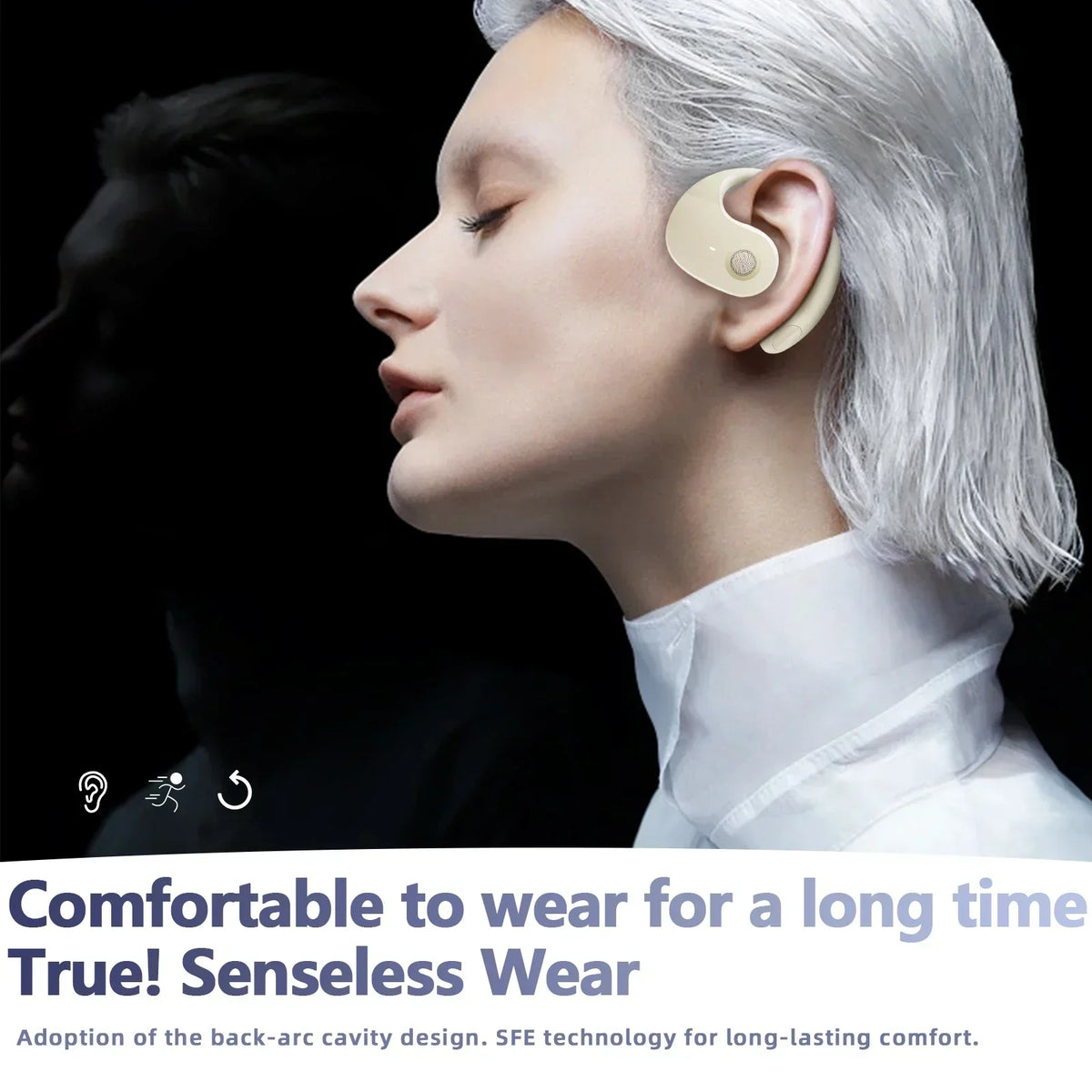 A close-up of a woman wearing a light beige wireless earbud designed for seamless, long-term comfort.
