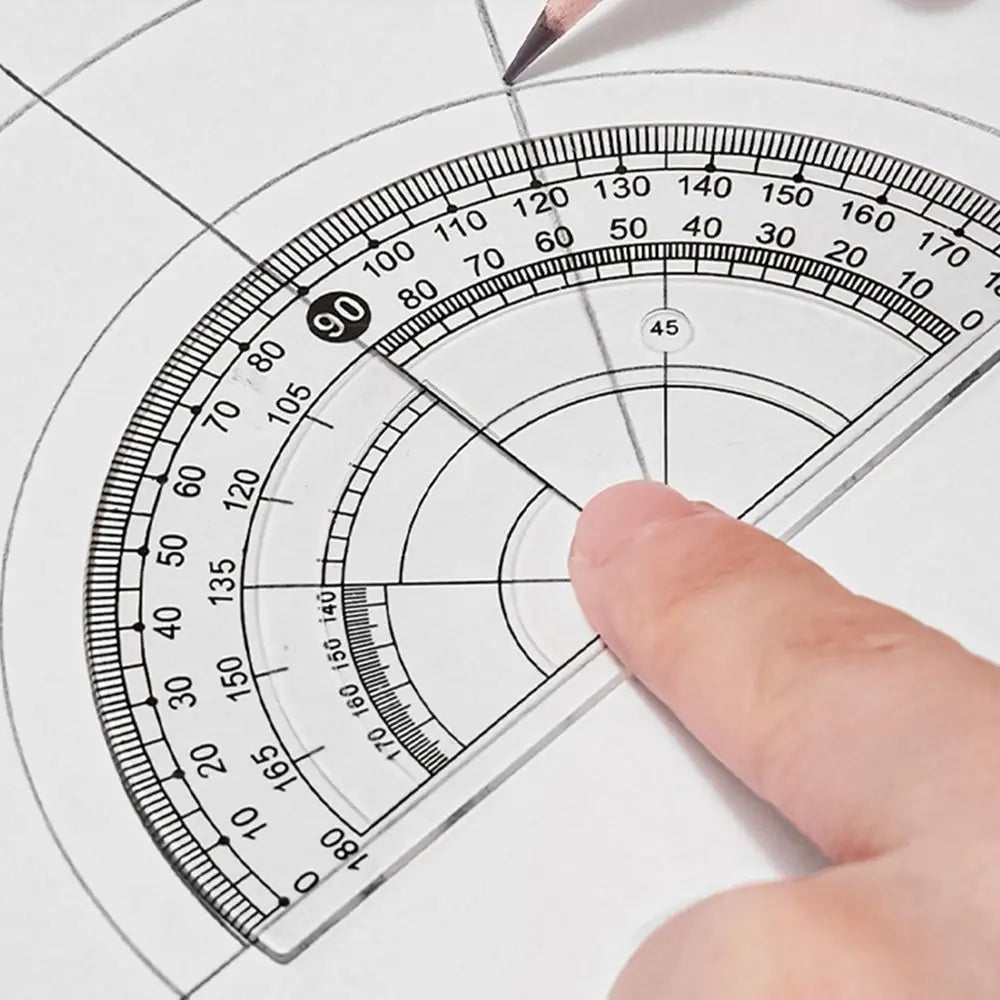 A finger points to the 90-degree mark on a transparent measuring tool or protractor.