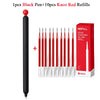A set of 1 black pen and 10 red Kaco ink refills with a Kefill box.