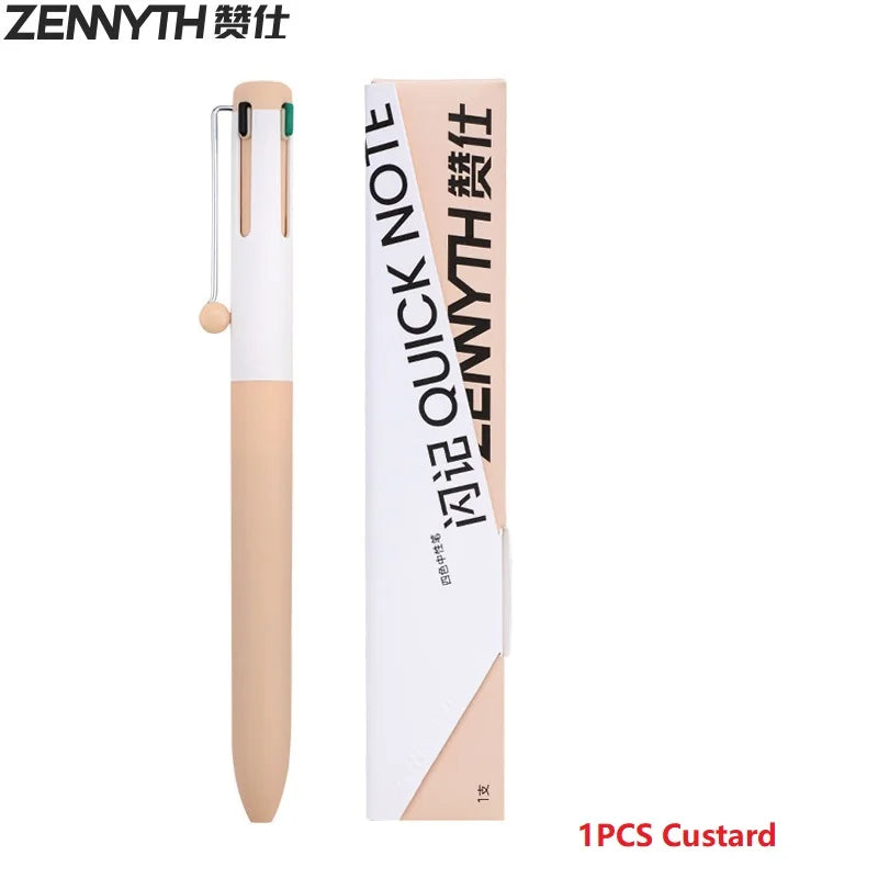 A light beige and white multi-color gel pen is shown standing upright.