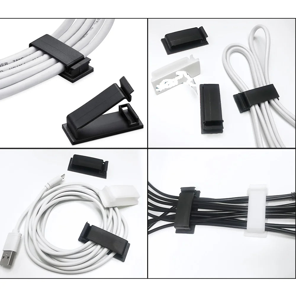 A set of black cable organizers and clips for managing wires on desks and electronics.