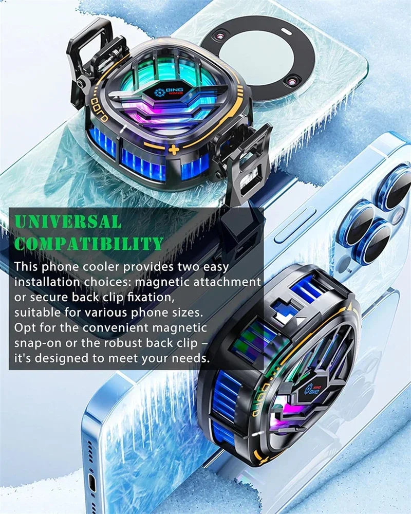 Un ventilador refrigerador magnético RGB para teléfono, instalado para enfriar.
