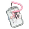 A clear plastic card holder with a pink silicone strap and a heart-shaped charm attached to a metal keychain.