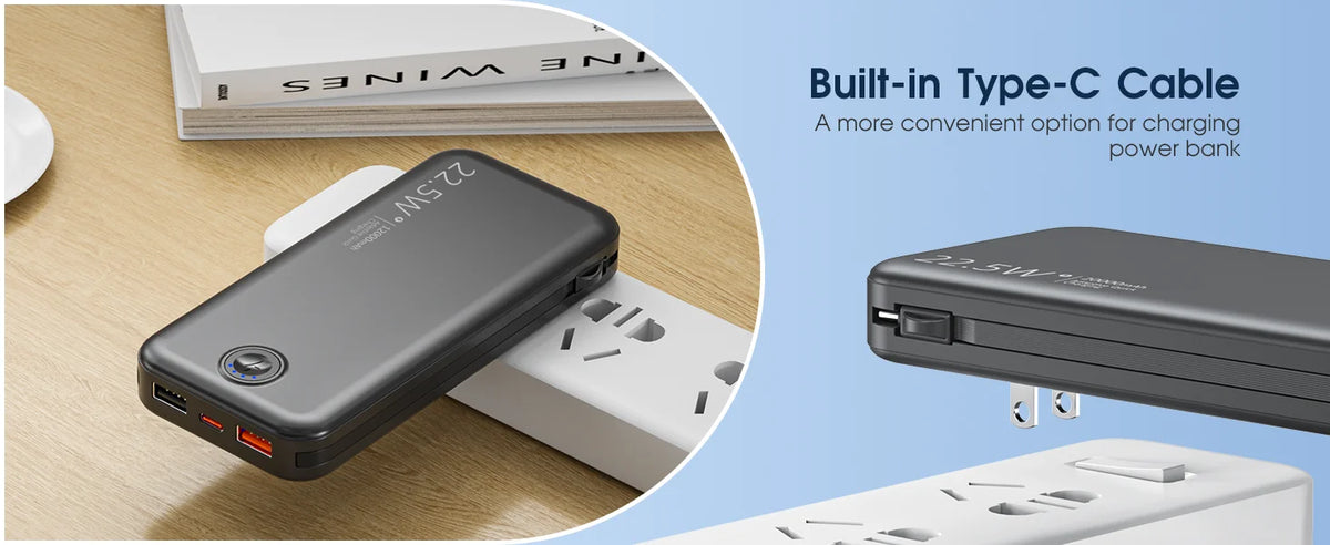 A portable charger with a built-in Type-C cable and wall plug shown on a wooden surface.