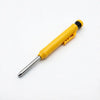 Yellow refillable woodworking marker pencil with a metal tip and black cap