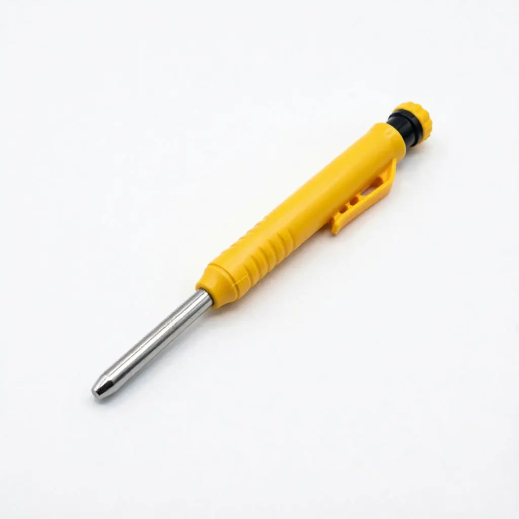 Yellow refillable woodworking marker pencil with a metal tip and black cap