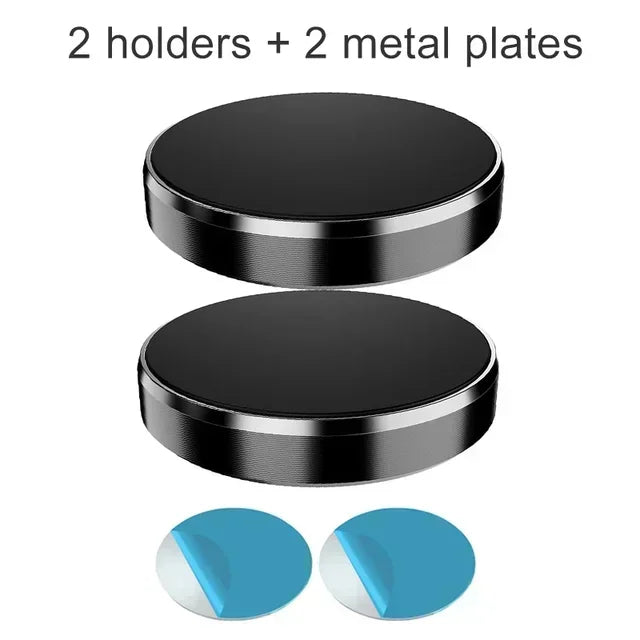 Two black magnetic holders and two metal plates shown with blue and silver circular components.