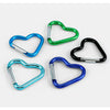A collection of five colorful heart-shaped spring clasps and carabiner keychains in blue, green, and black.
