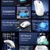 A white wireless gaming mouse is shown with various features like high DPI, long battery life, and RGB lighting.