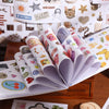 A collection of aesthetic scrapbooking stickers featuring nature and animal patterns displayed in an open book.