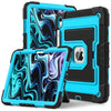A blue silicone protective case with a stand for an iPad is shown in multiple angles.