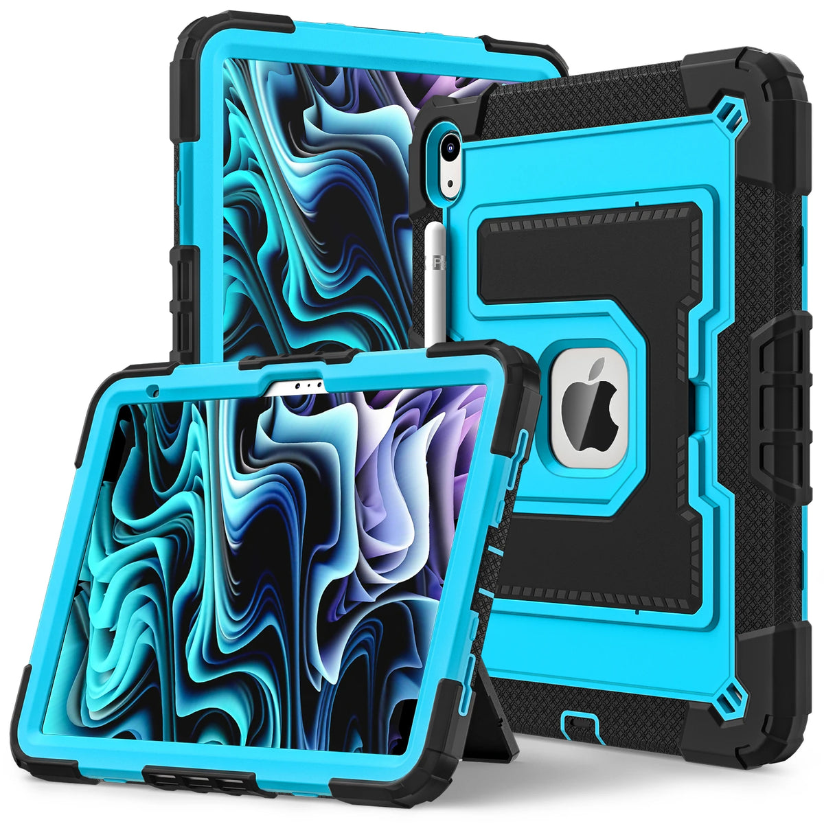 A blue silicone protective case with a stand for an iPad is shown in multiple angles.