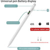 A white universal pen with a battery display and two replacement pen tips is shown next to icons for iOS, Android, and Window