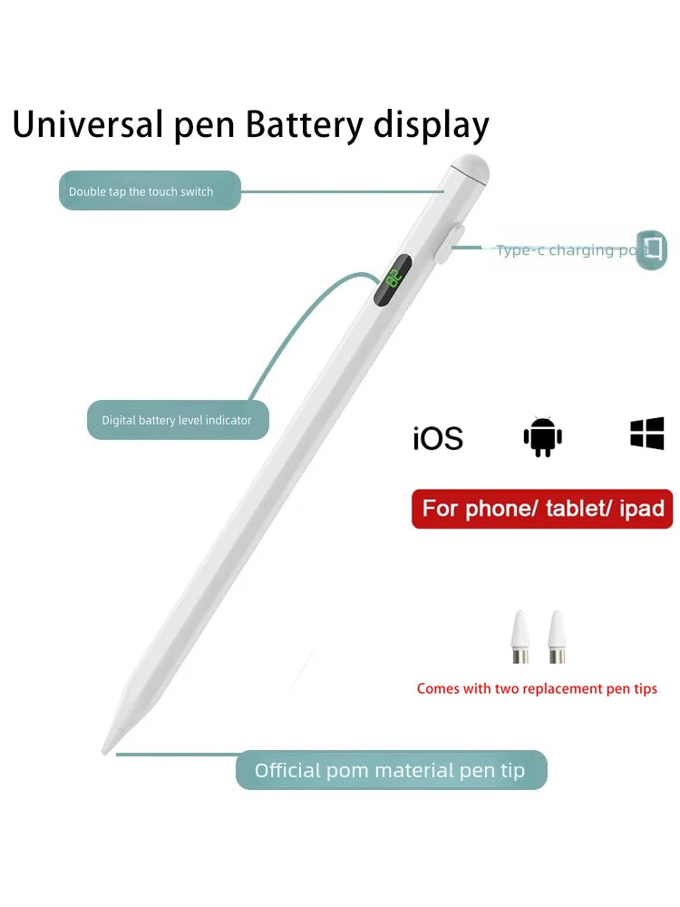 A white universal pen with a battery display and two replacement pen tips is shown next to icons for iOS, Android, and Window