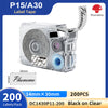 P15/A30 label tape roll with a clear plastic housing and black ink for custom sticker creation