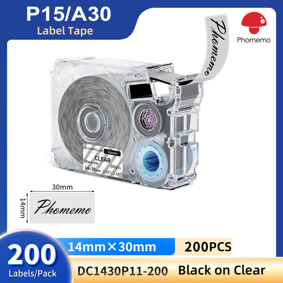 P15/A30 label tape roll with a clear plastic housing and black ink for custom sticker creation