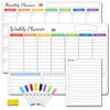 A set of monthly and weekly planner sheets with grid lines and colored markers for planning.