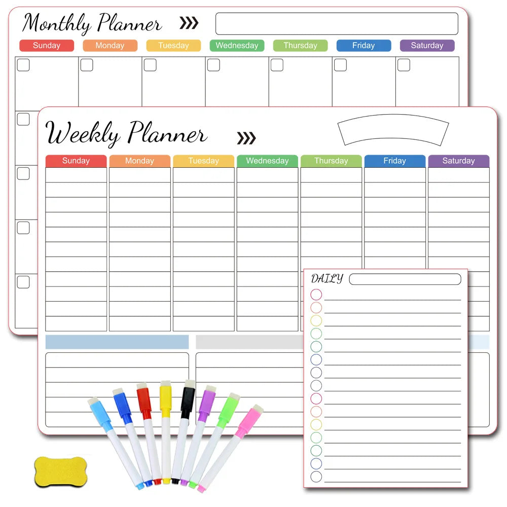A set of monthly and weekly planner sheets with grid lines and colored markers for planning.