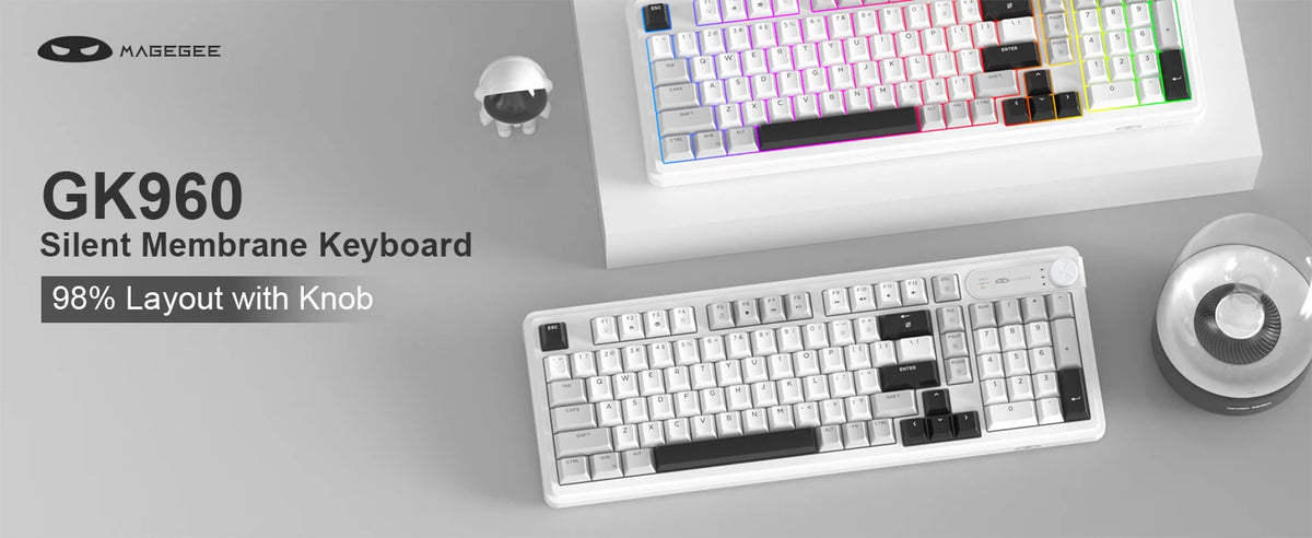 A white GK960 silent membrane keyboard with a knob and a separate layout shown on a gray background.