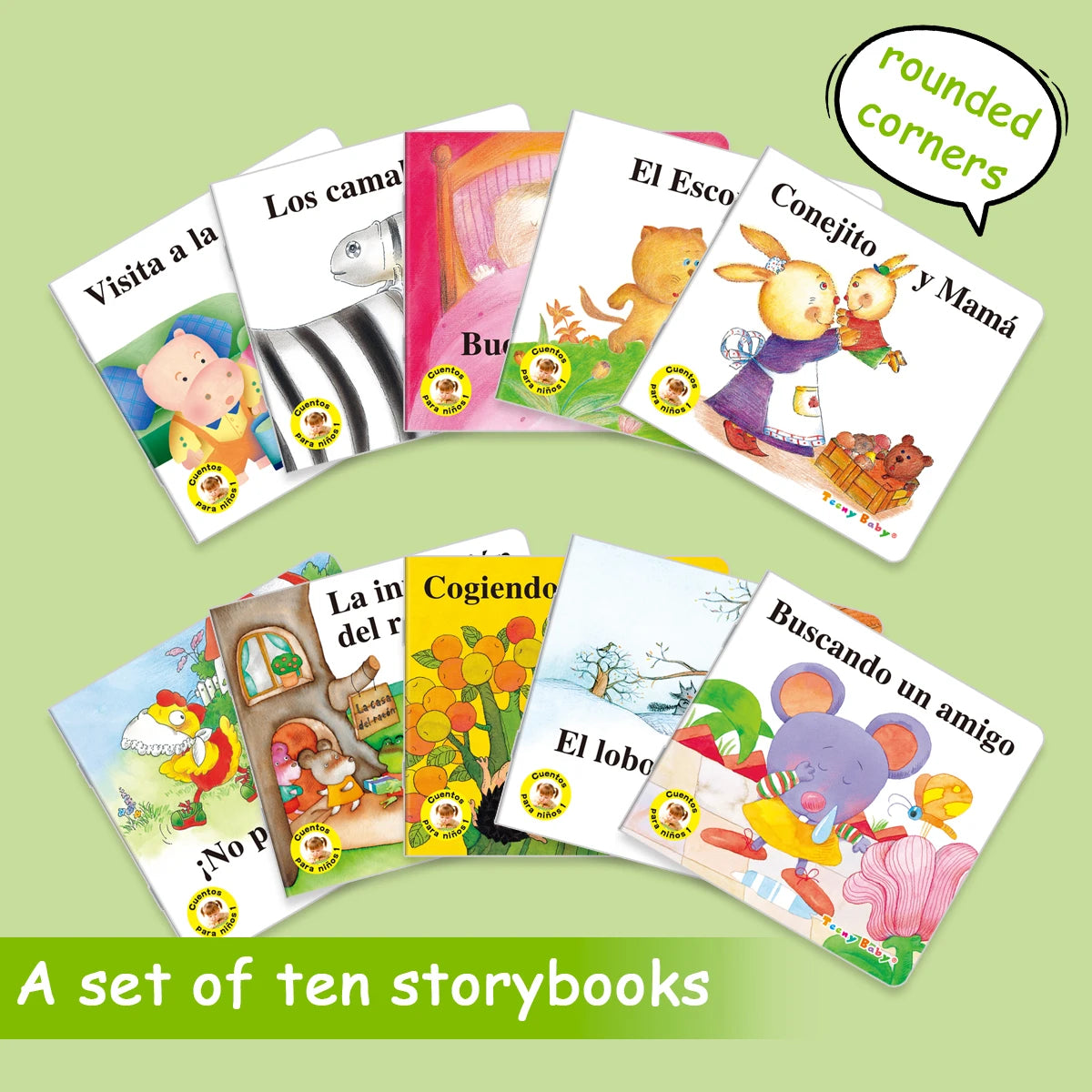 Ein Set von zehn spanischen Lern-Geschichtenbüchern mit Tieren und farbenfrohen Illustrationen