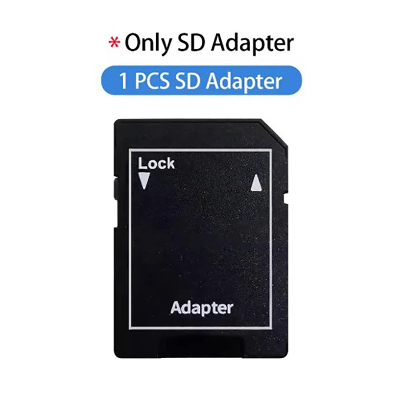 Schwarzer SD-Adapter mit Verriegelungsmechanismus, beschriftet als Adapter.