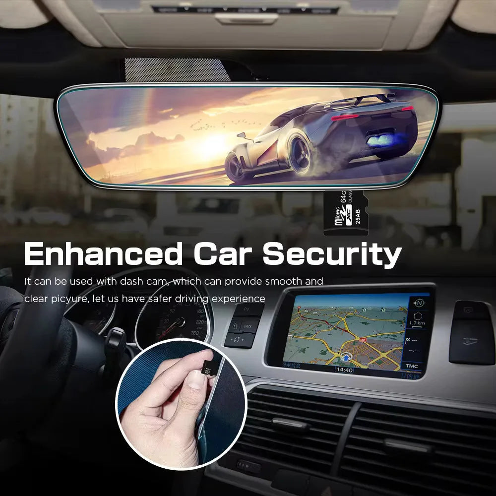 A rearview mirror showing a driving scene and a hand demonstrating the installation of a dash cam device.