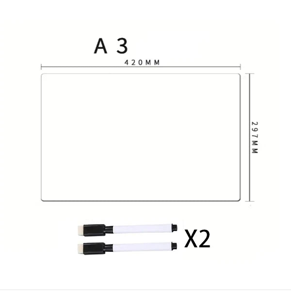 A3 size magnetic dry erase board with a 420mm x 297mm dimension and two included magnetic strips.