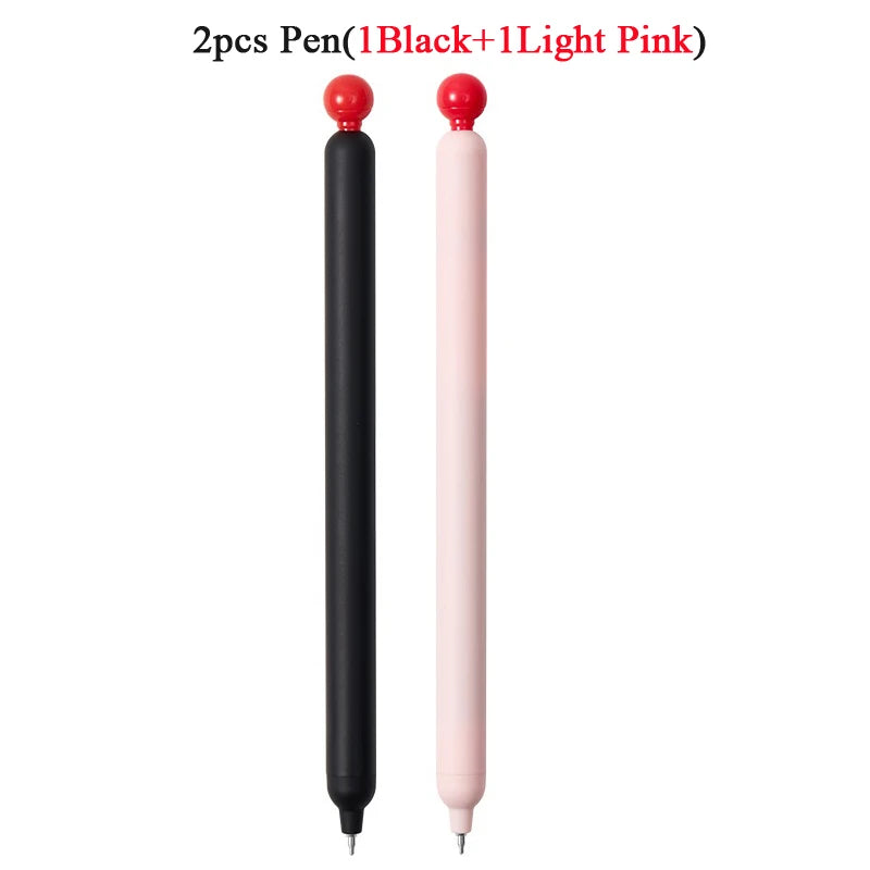 Two smooth gel pens are shown, one black and one light pink.