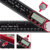 A red digital angle ruler showing a measurement scale and an angle finder device.