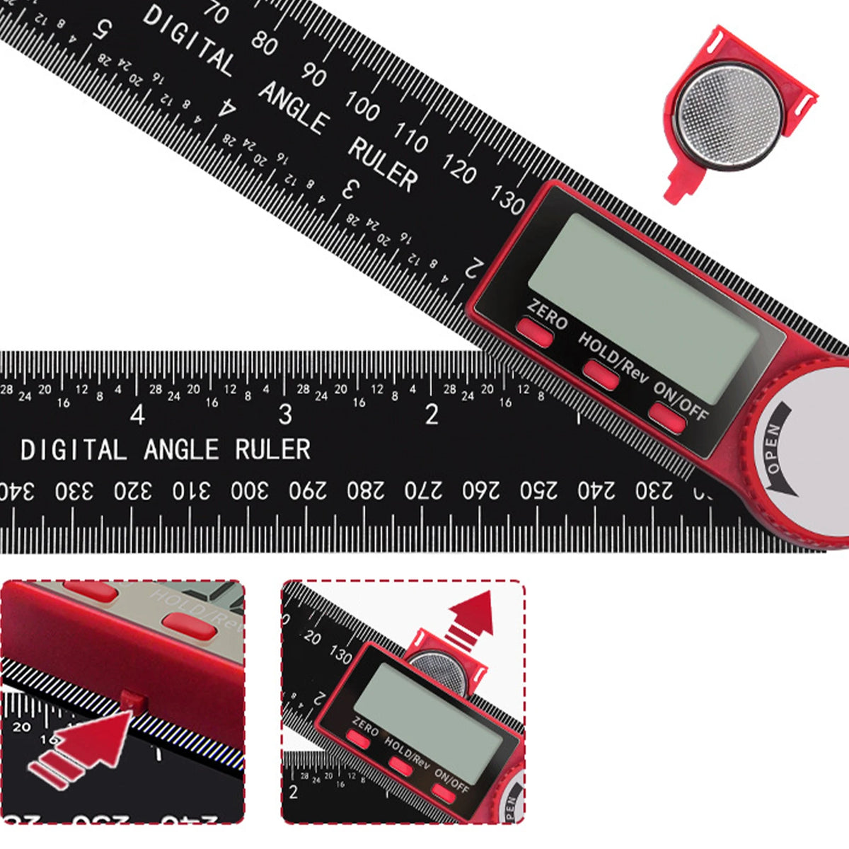 A red digital angle ruler showing a measurement scale and an angle finder device.