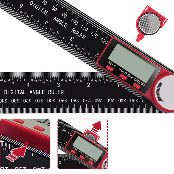 A red digital angle ruler showing a measurement scale and an angle finder device.