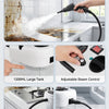 A handheld steam cleaner is shown cleaning grease from a kitchen surface, featuring a large tank and adjustable steam control