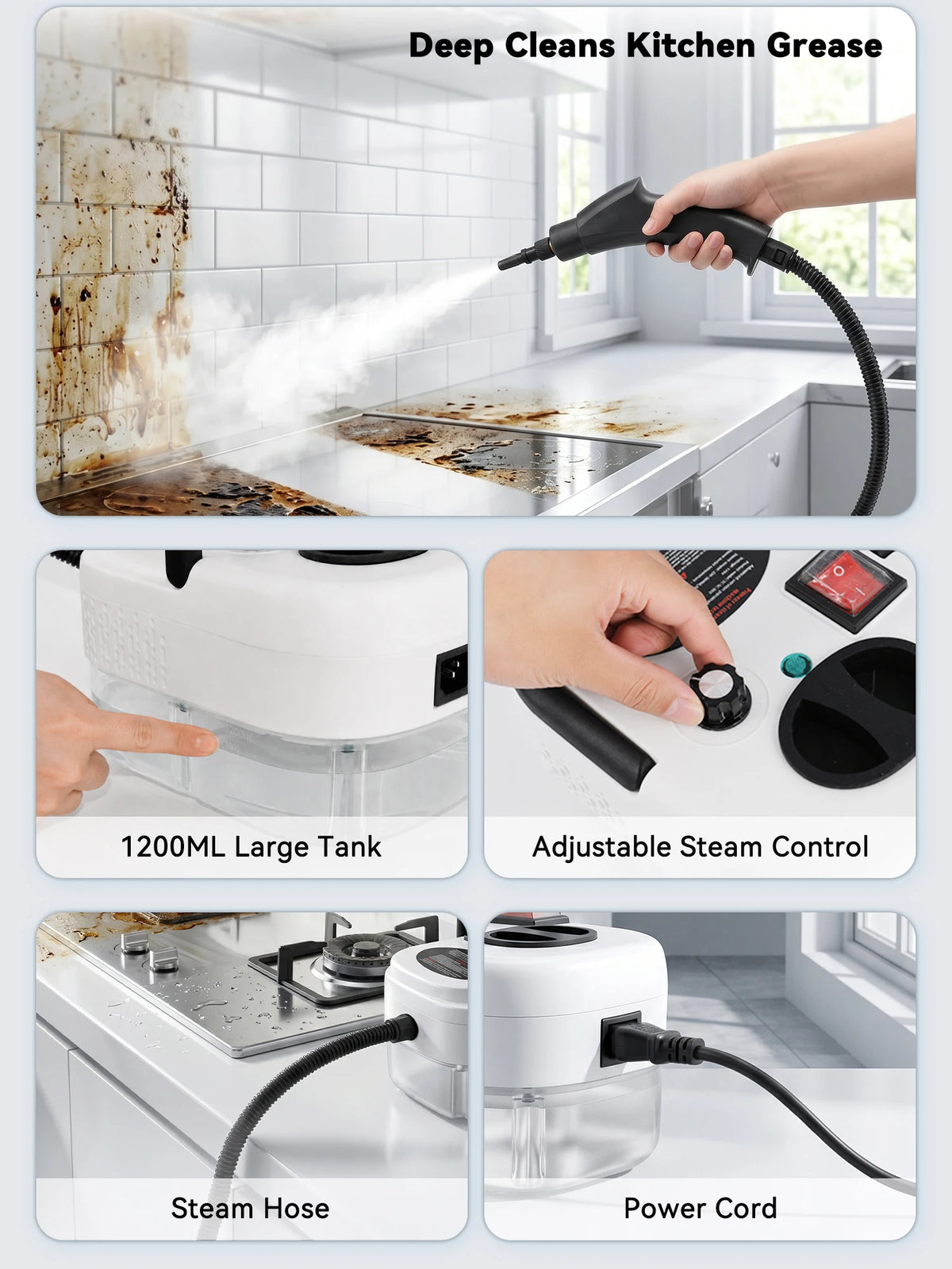 A handheld steam cleaner is shown cleaning grease from a kitchen surface, featuring a large tank and adjustable steam control