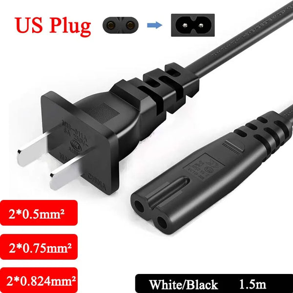Black heavy duty AC power supply cable with US plug connector and various gauge options for 1.5m length