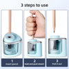 Three steps to use an electric pencil sharpener showing how to insert, hold and push down, and pull out a pencil.