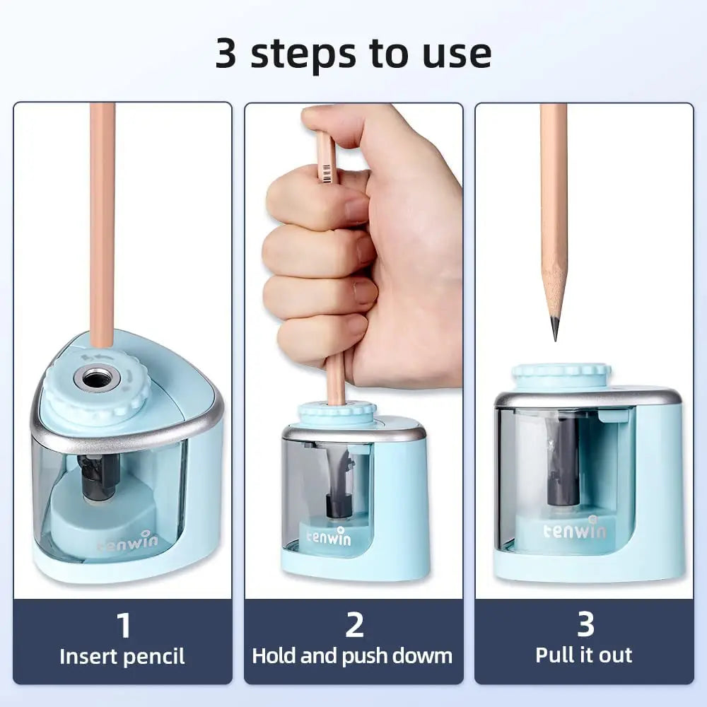 Three steps to use an electric pencil sharpener showing how to insert, hold and push down, and pull out a pencil.