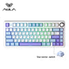 A white mechanical keyboard featuring a full layout and purple LED lighting, with a star vector switch visible.