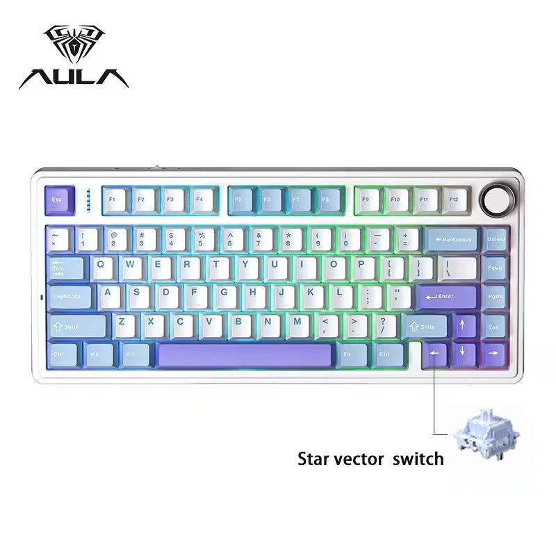 A white mechanical keyboard featuring a full layout and purple LED lighting, with a star vector switch visible.