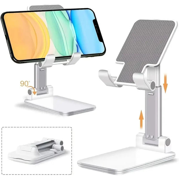 Soporte ajustable universal para escritorio que sostiene un smartphone y una tableta, mostrado en varios ángulos.