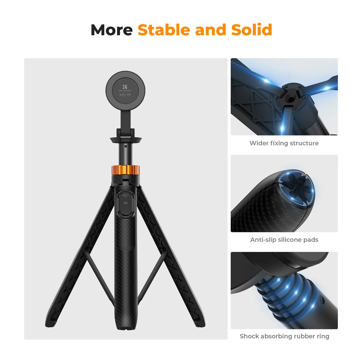 A black magnetic selfie stick tripod with an adjustable grip and shock absorbing rubber ring.