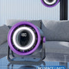 A purple smart fan with an ambient light is shown hanging in a window, demonstrating its no space limits installation.