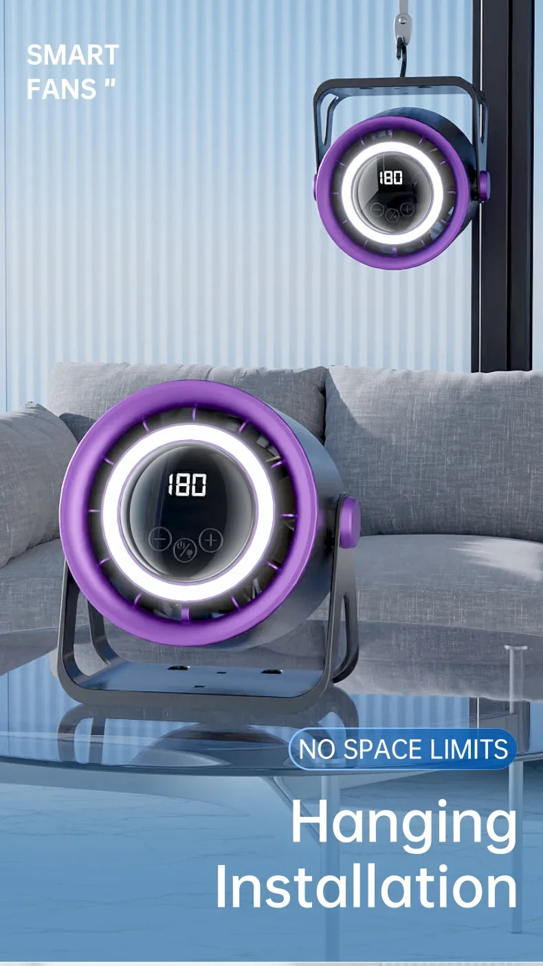 A purple smart fan with an ambient light is shown hanging in a window, demonstrating its no space limits installation.
