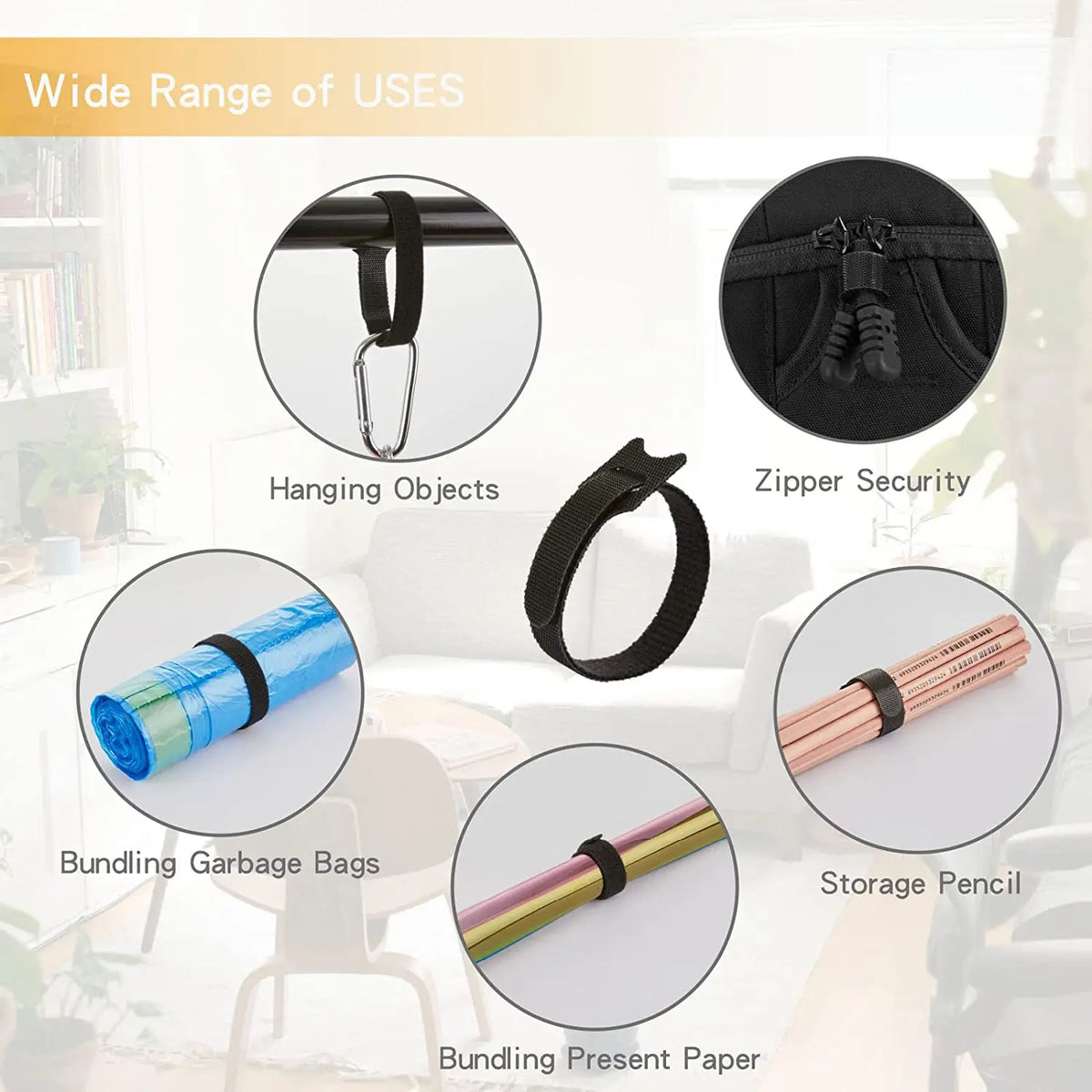 Reusable nylon cable organizer ties shown in various uses including hanging objects, zipper security, bundling garbage bags, 